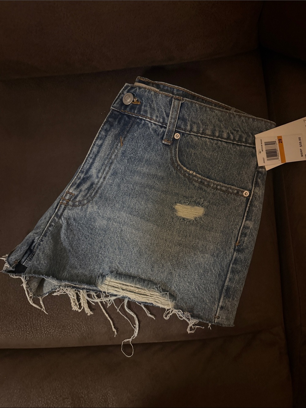 7•7 High-Rise Distressed Denim Shorts - Light Blue - Picture 4 of 5